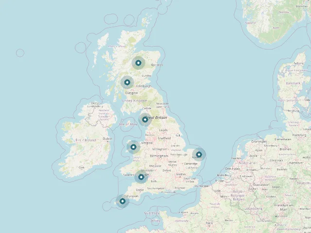 A map of Great Britain with launch spots marked across England, Scotland and Wales.